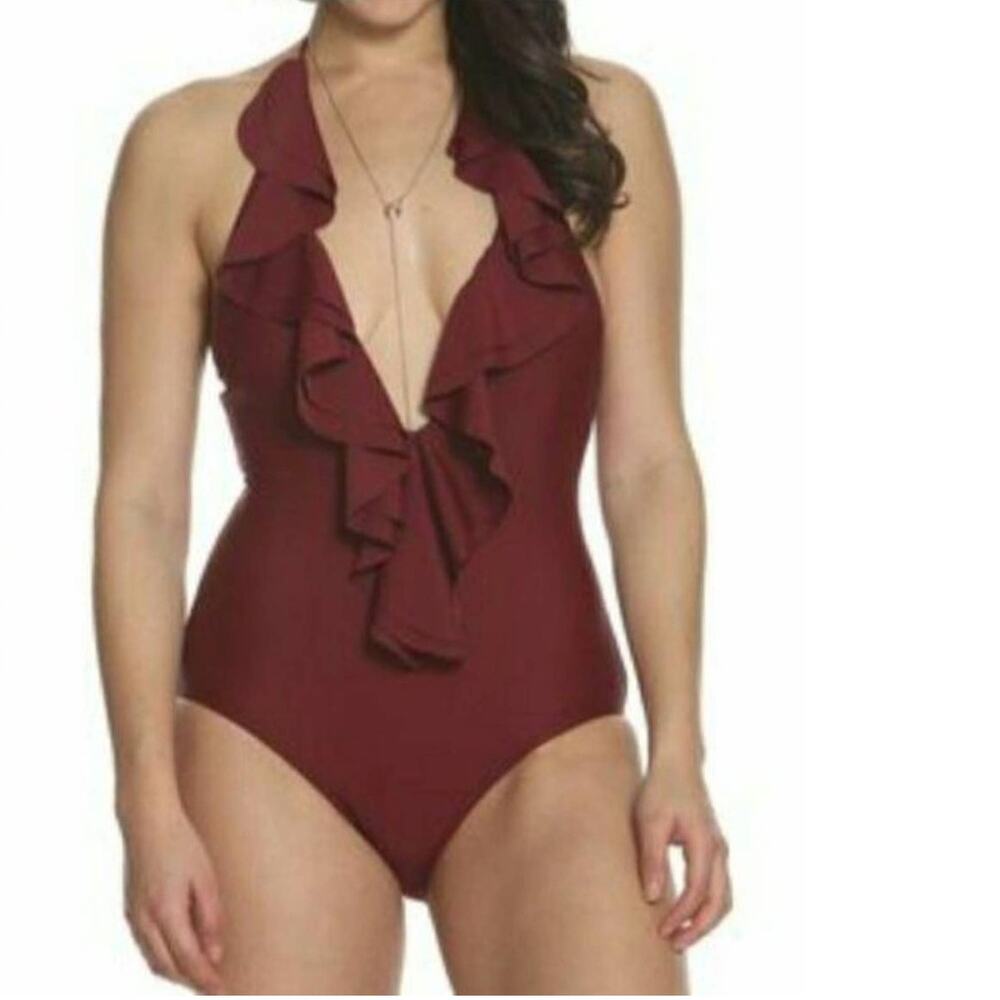 Sun & Sea Burgundy Ruffle Halter Swimsuit Size 6 NWT